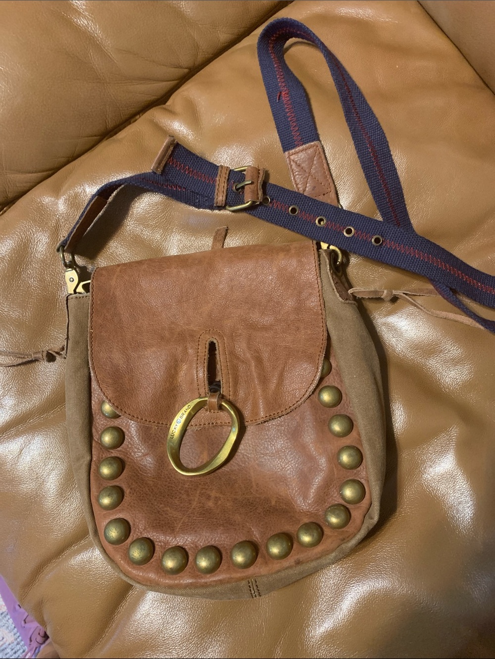 Lucky Brand Brown Leather & canvas Crossbody Bag with brass Stud Accent! Cute!